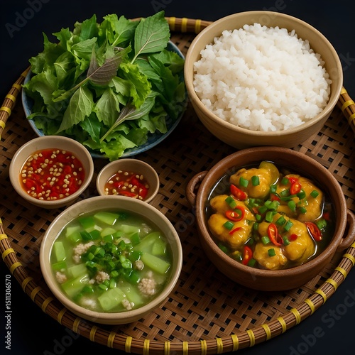 Mâm cơm cá kho, canh bầu-Vietnamese traditional meal served on a bamboo tray