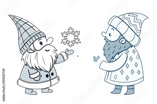 Cute cartoon illustration of a rabbit with a baby rabbit, a boy, and a girl coloring a Christmas coloring book