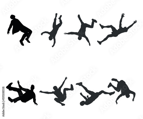set of falling people silhouettes. vector silhouettes of people falling from a great height.