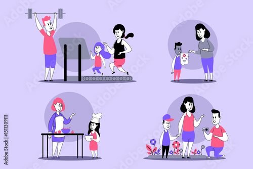 Colorful collection of family engaging in various fitness and bonding activities. Members working out, cooking, and spending quality time together, promoting health and connection