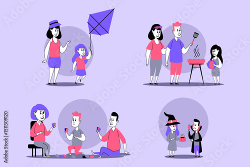 Vibrant family set of moments of bonding and fun, including kite flying, grilling, crafting, and playful interaction. Joy and togetherness concept