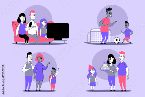 Family enjoying various activities together, including playing soccer, celebrating birthday with cake, and sharing moments on couch. Joyful family interactions concept
