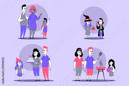 Cheerful family engaged in various activities together, including festive gatherings, birthday parties, and playful moments. Love and togetherness concept