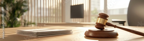 Wooden Gavel on Brown Table with Documents in Sunny Office Space