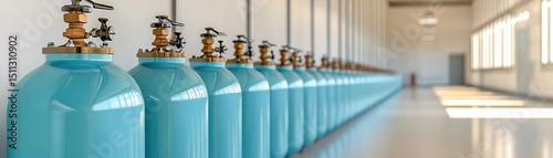 Row of Industrial Gas Cylinders in Bright and Clean Factory Hallway