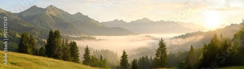 Serene Sunrise Over Misty Valley Surrounded by Majestic Mountains