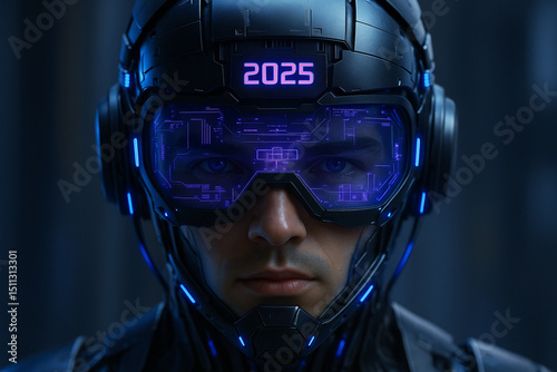 AI generated image of a humanoid male robot wearing a glowing digital helmet with 2025 HUD display portraying a futuristic control system atmosphere