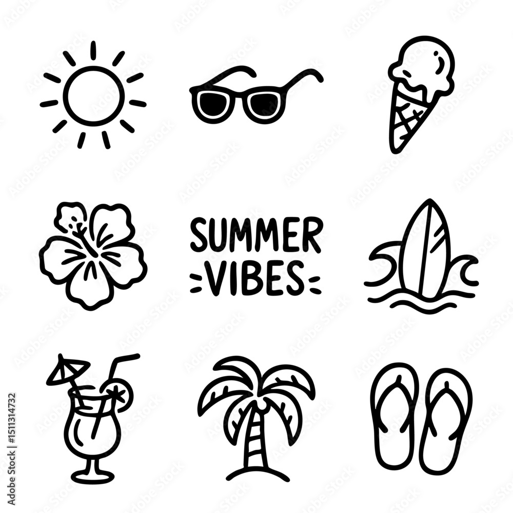 Obraz premium A set of doodle line icons capturing the essence of summer fun with sun, palm tree, surfboard, ice cream, sunglasses, and drinks
