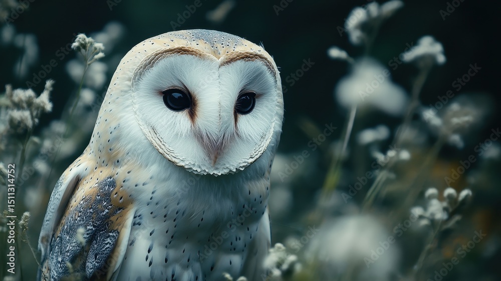 Naklejka premium A beautiful barn owl sits amidst soft white wildflowers, gazing intently. Use it for projects about nature, wildlife, or wise, watchful creatures.