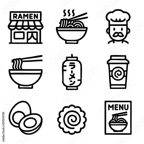 A set of doodle line icons featuring ramen bowls, noodles, toppings, chef, shop, menu, and Japanese lantern elements