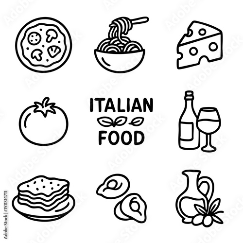 A set of doodle line icons representing classic Italian food elements such as pizza, pasta, cheese, wine, tomato, and olive oil