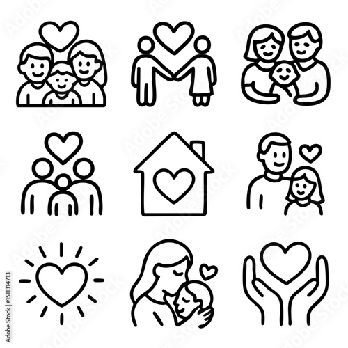 A set of doodle line icons showing family love, care, parenting, and togetherness with hearts, homes, and affectionate gestures