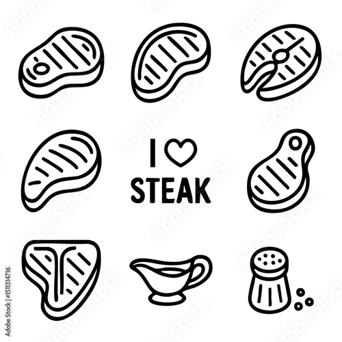 A set of doodle line icons showing various steak cuts, grilled meat, sauces, salt, and a love for steak concept