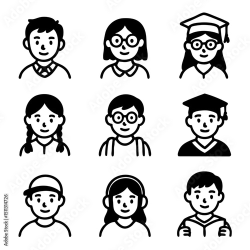 A set of doodle line icons avatar school children, students, and graduates in various outfits with books, backpacks, and caps