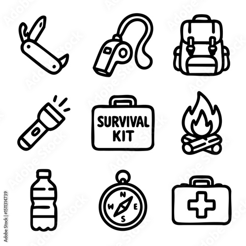 A set of doodle line icons representing essential survival and camping gear like knife, backpack, compass, fire, water, and first aid