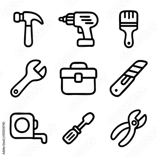 A set of doodle line icons showing various hand tools and equipment used for construction, DIY, repairs, and home improvement
