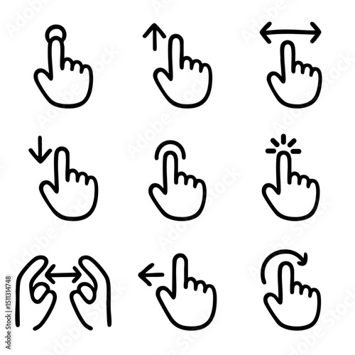 A set of doodle line icons illustrating common touchscreen gestures like tap, swipe, scroll, pinch, drag, and rotate for user interfaces