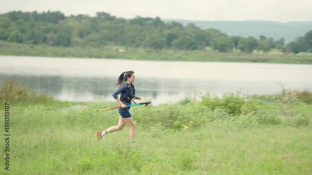 A woman is running in a field near a lake. She is wearing a blue shirt and shorts A woman is running in a field near a lake. She is wearing a blue shirt and shorts