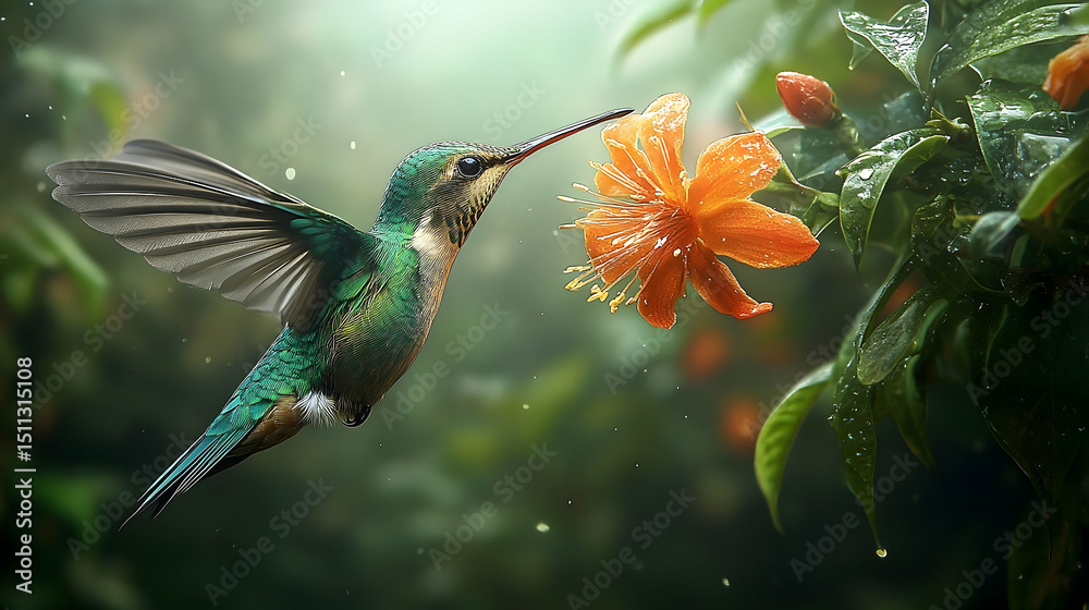 Fototapeta premium Hummingbird in flight, nectaring on an orange flower.