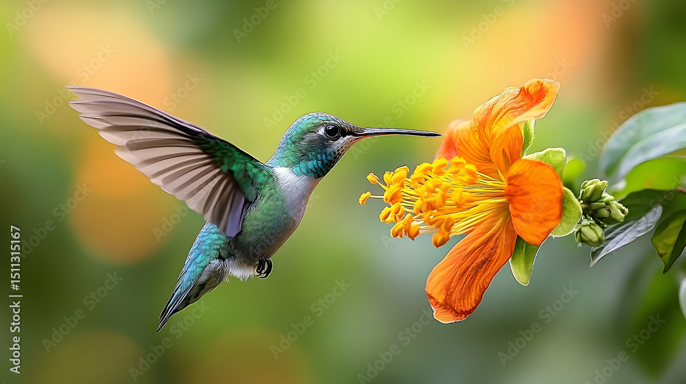 Fototapeta premium A hummingbird in flight near an orange flower.