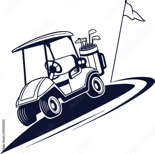 Golf cart illustration driving downhill towards flag