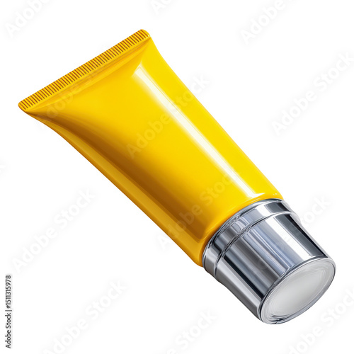 Bright yellow sunscreen tube with silver cap offers uv protection and acts as barrier to keep skin safe and healthy