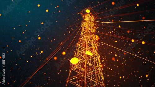 Tele communication tower, digital neon line, yellow, night, low detail