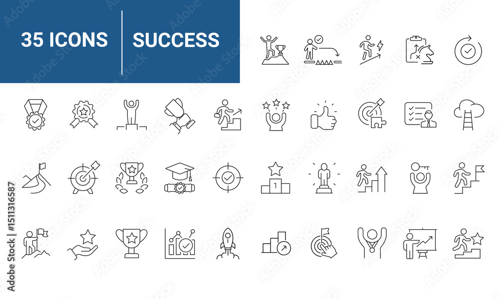 Success set of icons in line style. Containing achievement, successful, strategy, winner, teamwork, goal, brainstorm. suitable for applications and web. vector illustration.