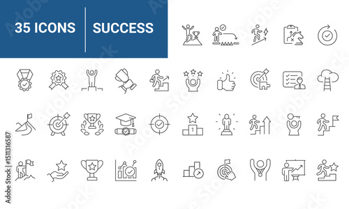 Success set of icons in line style. Containing achievement, successful, strategy, winner, teamwork, goal, brainstorm. suitable for applications and web. vector illustration.