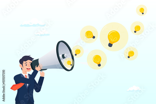 Smart businessman blowing soap bubble into innovation bright light bulb ideas, creativity to create new business idea or solution for work problem, entrepreneurship to think about business concept