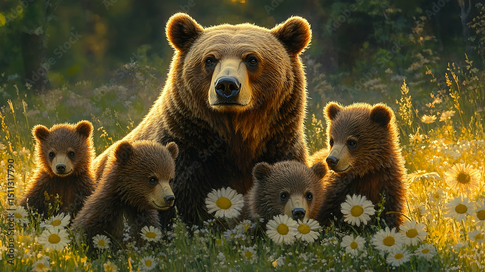 Fototapeta premium Grizzly bears and cubs in a meadow.