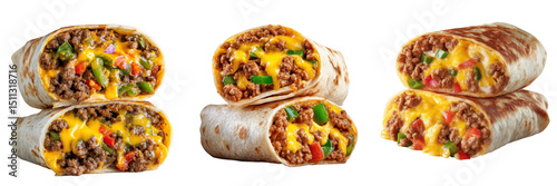 Cheesy beef burritos filled with ground meat, melted cheese, green peppers, and red peppers, wrapped in a soft tortilla
