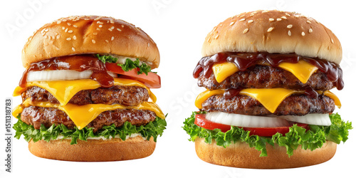 Two double cheeseburgers stacked with lettuce, tomato, onions, cheddar cheese, beef patties, and barbecue sauce in sesame seed buns