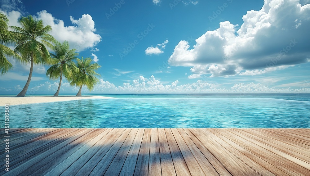 Fototapeta premium Scene of a tropical beach wooden platform, ideal as a backdrop for tourism promotions, summer product display campaigns, and advertisements.