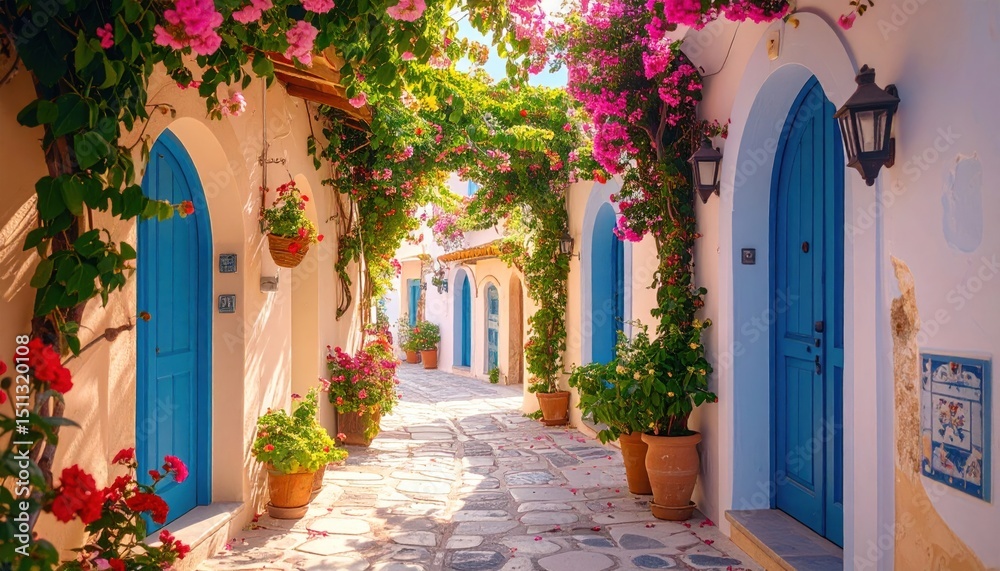 Fototapeta premium Charming floral pathway with blue doors in a picturesque Mediterranean village