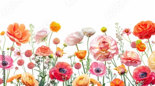 A vibrant display of assorted flowers in full bloom against a clean white background showcasing nature's beauty