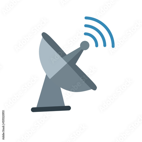 Flat design illustration of a satellite dish transmitter with wireless signal waves. Vector icon representing data transmission, communication, and broadcasting technology