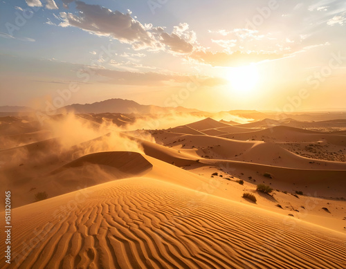 Golden Hour Desert Landscape Sandstorm Swirls Across the Dunes photo