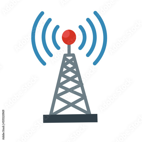 Flat vector illustration of a signal transmission tower. Best for telecom, wireless communication, broadcast, and connectivity-related projects
