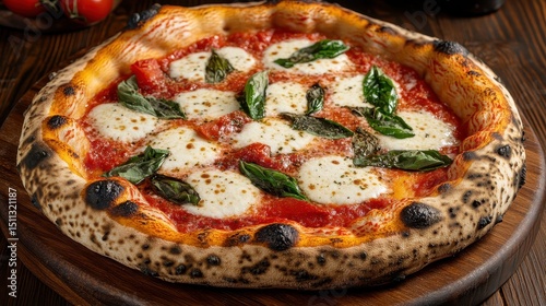 Delicious Neapolitan pizza with basil, tomato sauce, and mozzarella on wooden board. Showcase culinary skills or promote your pizza restaurant with style.