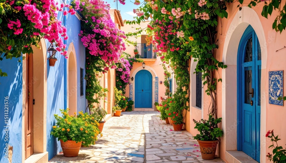 Fototapeta premium Charming mediterranean street with vibrant bougainvillea cascading over colorful buildings