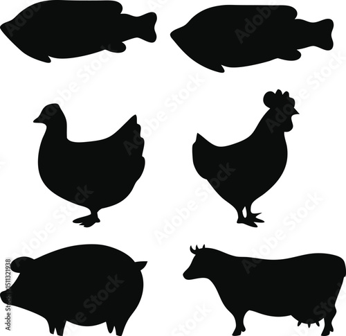 Black Silhouettes of Farm and Aquatic Animals on White Background
