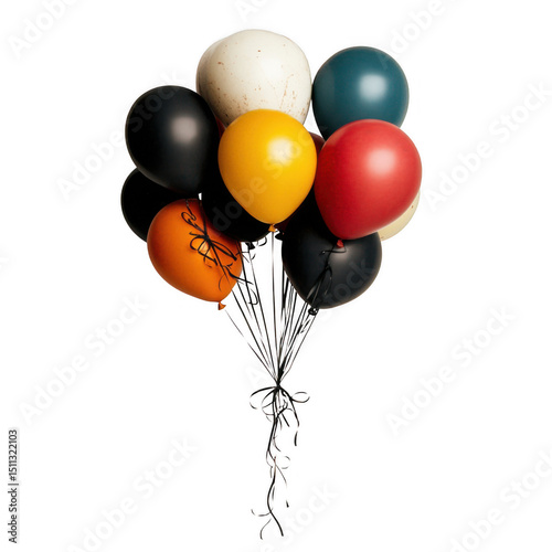 Colorful bunch of balloons featuring red, yellow, orange, black, and teal colors, tied together with strings, floating against transparency background