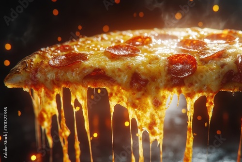 Delicious pepperoni pizza slice with melting cheese on dark blurred backdrop. Perfect for food blogs, restaurant menus, and promotional pizza images.
