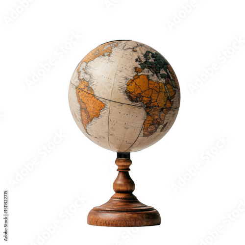 Vintage globe with wooden stand displays continents and oceans, evoking sense of exploration and history. globe warm colors and classic design make it timeless educational tool
