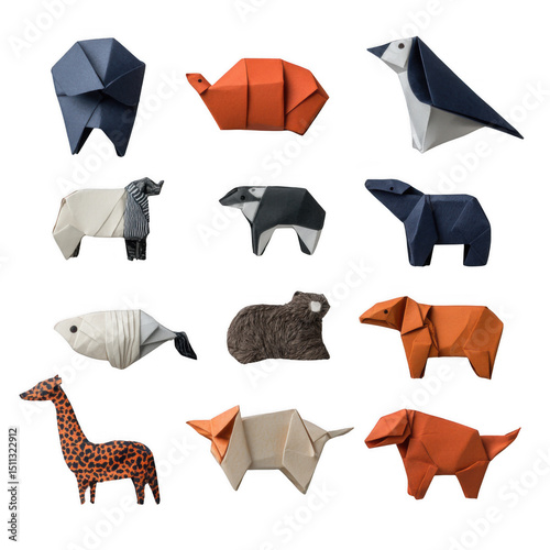 Origami animals in various colors and shapes are displayed, including penguin, bear, and giraffe, showcasing intricate paper folding techniques