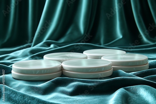 White Circular Container Mockup on Teal Satin Fabric

