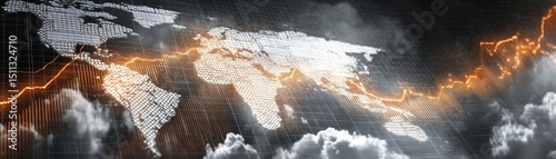 Crude oil market forecast for global crude supply concept. A dynamic world map with glowing elements and cloud patterns.
