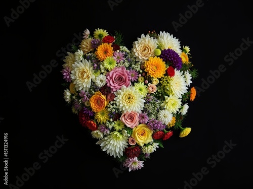 Black Background Heart of Flowers, Artistic Display