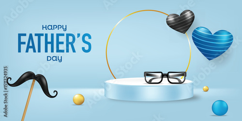 Father's Day Product Display Banner with Mustache, Pearls, glasses and Hearts on Blue Background